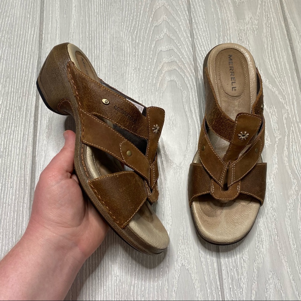 MERRELL Y2K BROWN LEATHER LUXE SLIDE MINK WOMENS SANDALS SIZE 8